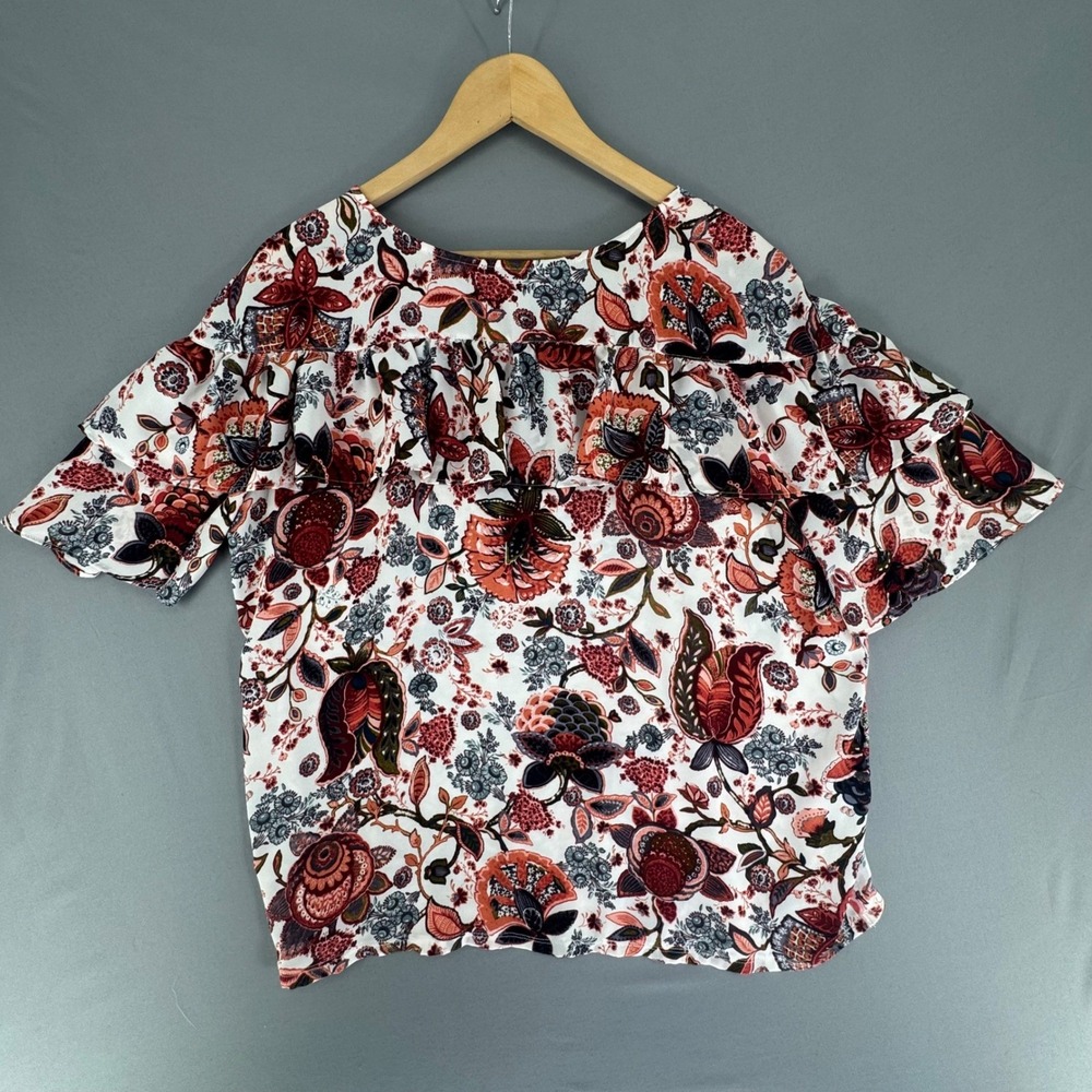 Loft Womens Large Ruffle Tiered Floral Paisley Blouse Multicolor Short Sleeve